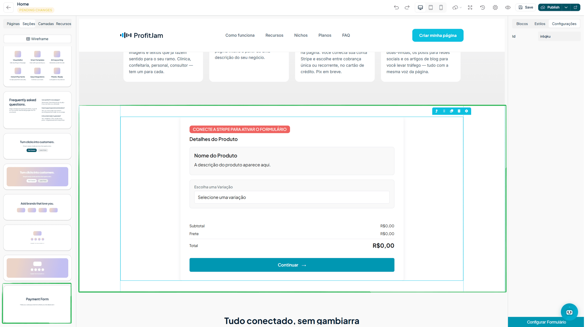 Formulário de pagamento integrado na página